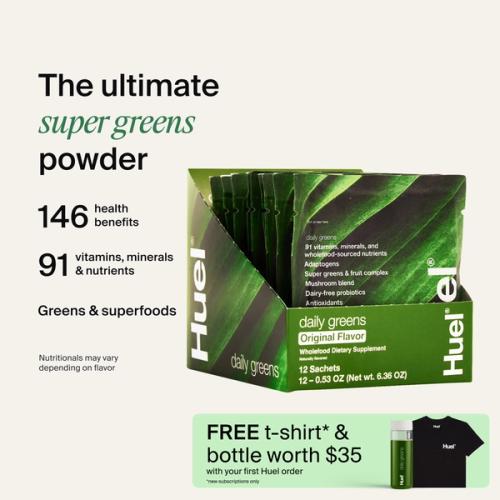 A picture of a Daily Greens Travel Pack with nutrition callouts