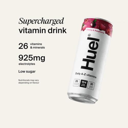 Alt, caffeine-free: Huel Daily A-Z Vitamin Drink can, alongside text highlighting 26 vitamins and minerals, 925mg electrolytes, and low sugar.