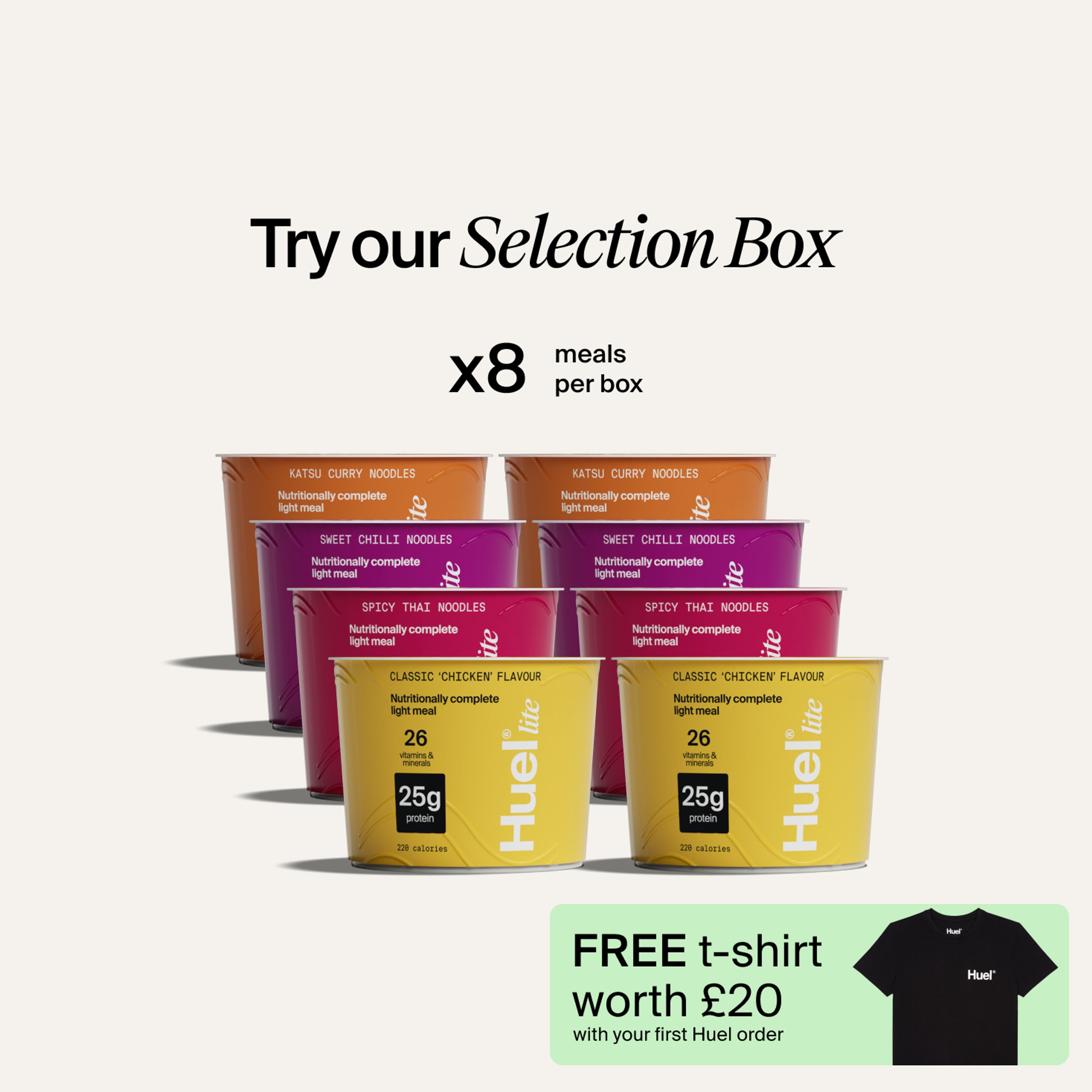 All of the Lite Ramen flavours in rows with 'Try our selection box x12 meals per box' copy