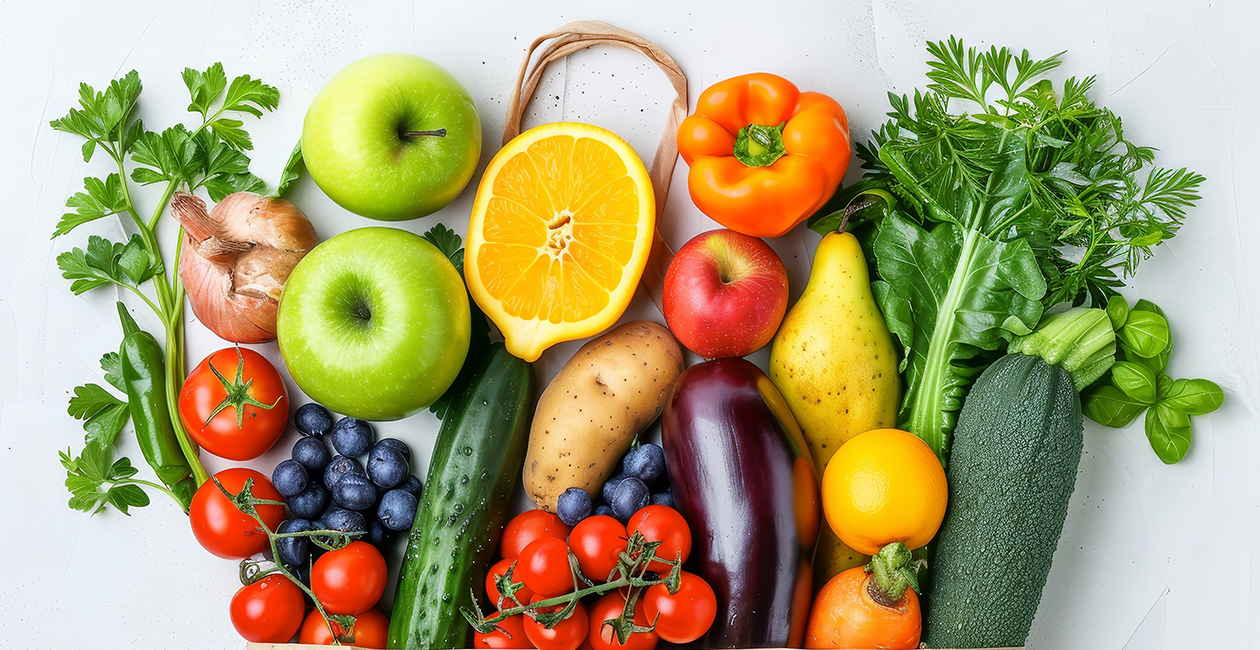 vibrant fruit and veg on a white background