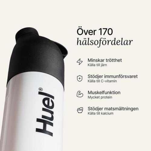 A black and white Huel shaker on a neutral background, with the benefits of Huel listed beside it