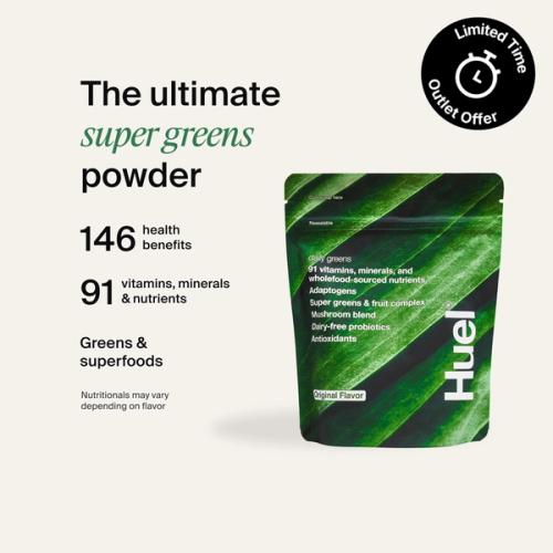 A picture of a Daily Greens bottle with nutrition callouts