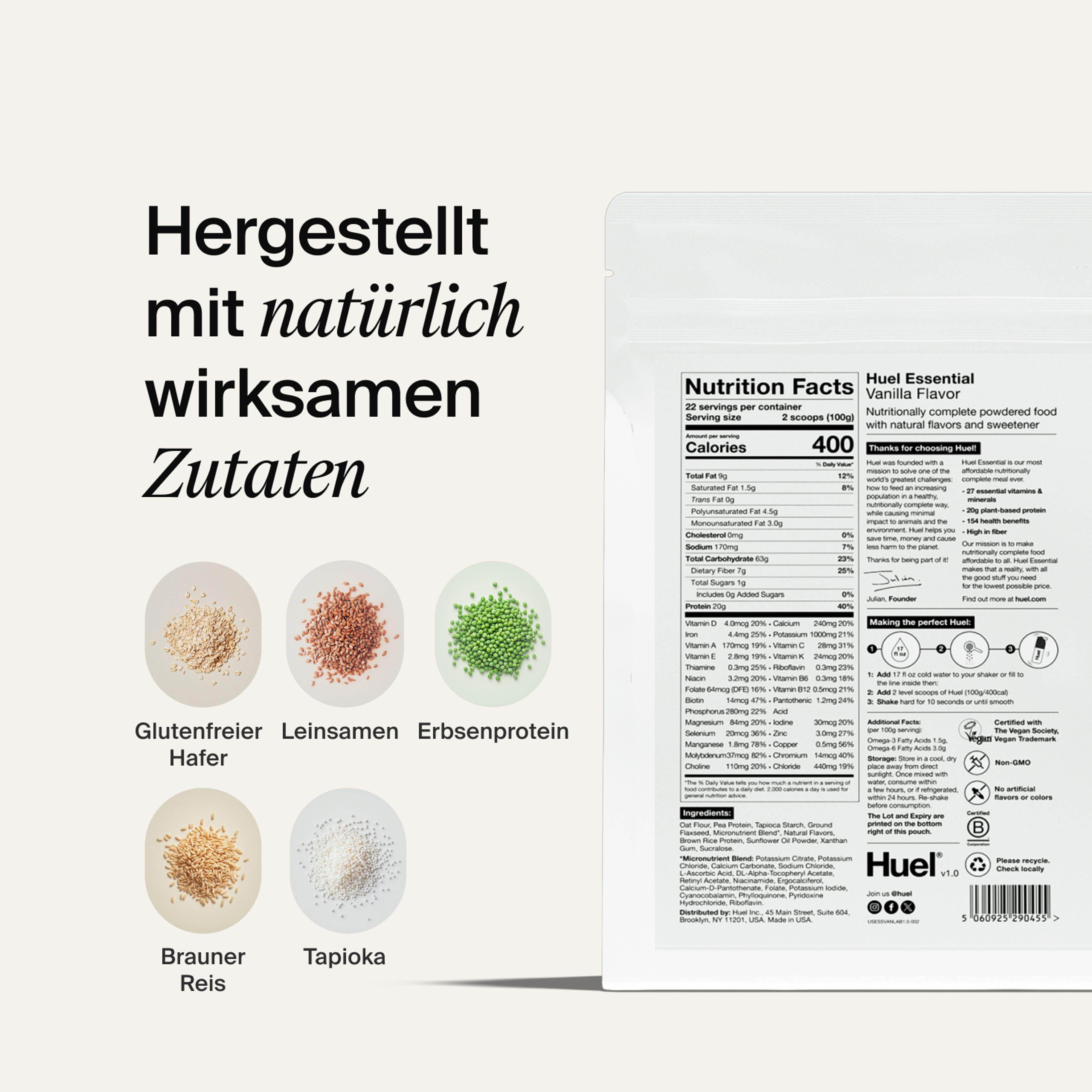 The reverse of a white pouch of Huel Powder showing off nutritional information, next to some raw ingredients