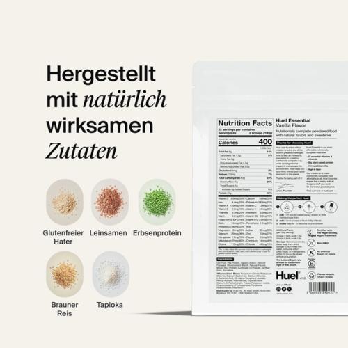 The reverse of a white pouch of Huel Powder showing off nutritional information, next to some raw ingredients