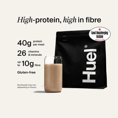 Alt: Huel Black Edition Powder bag with a prepared shake, alongside text highlighting 40g protein, 26 vitamins and minerals, up to 10g fibre, and that it is gluten-free.