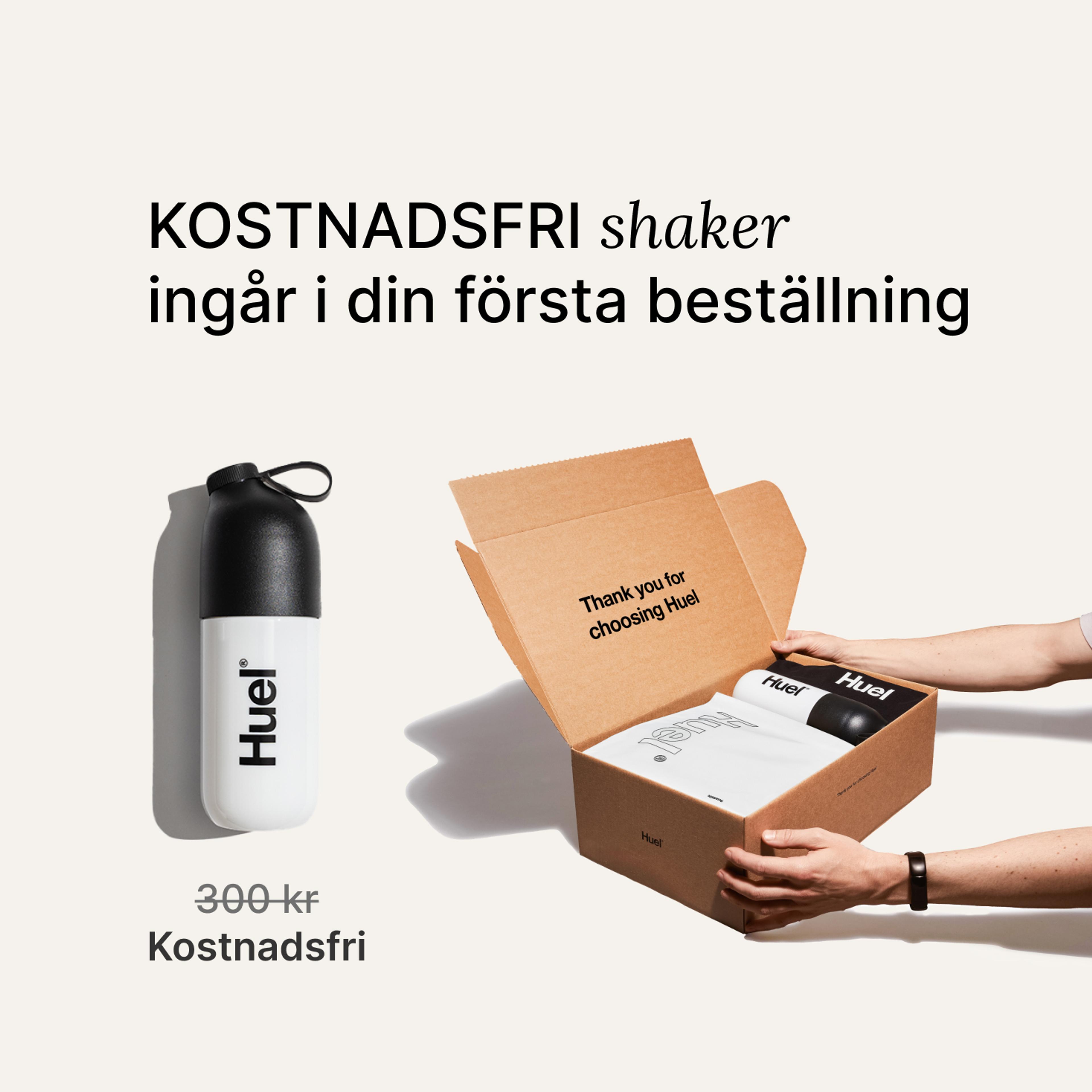 someone holding a Huel box containing a white powder bag, and a black and white shaker, on a neutral background