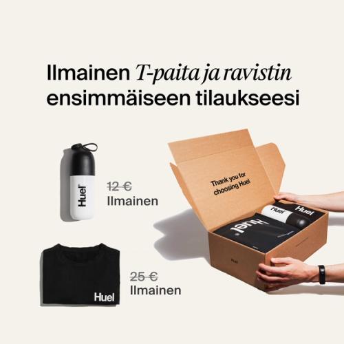 Image of a Huel unboxing, shaker and black t-shirt