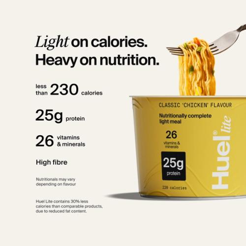 Alt: Huel Ramen Lite pot with noodles being lifted, alongside text highlighting fewer than 230 calories, 25g protein, 26 vitamins and minerals, and high fibre.