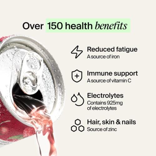 A Cherry and raspberry DAZ can is being poured. It has over 150 health benefits, including reduced fatigue, immune support, electrolytes, hair, skin, and nails. 