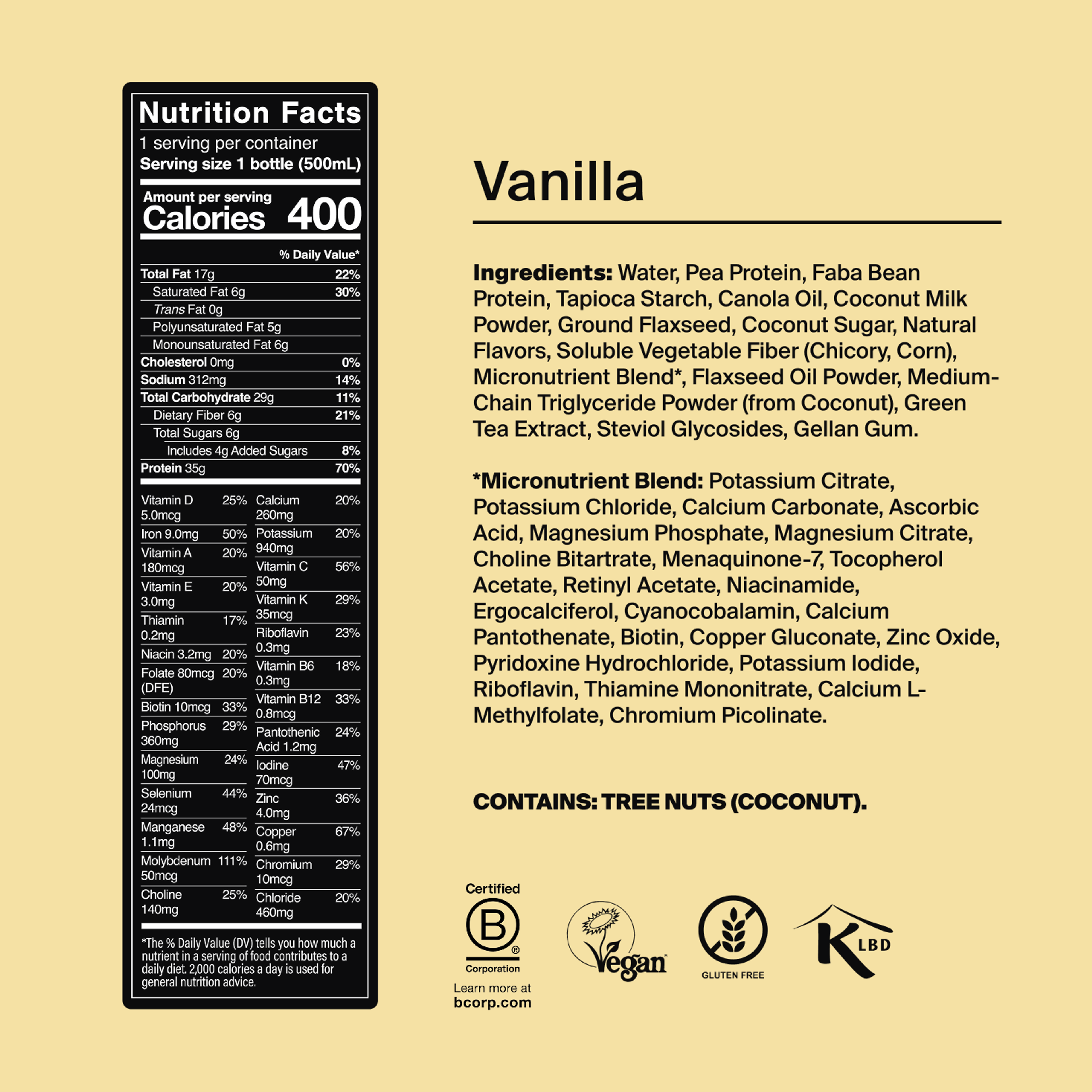 Bottle of Black Edition RTD with back-of-pack nutrition included, and natural ingredient images