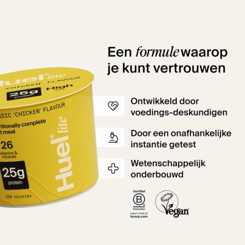 Een Pot Huel Lite Ramen naast diverse call-outs en logo's