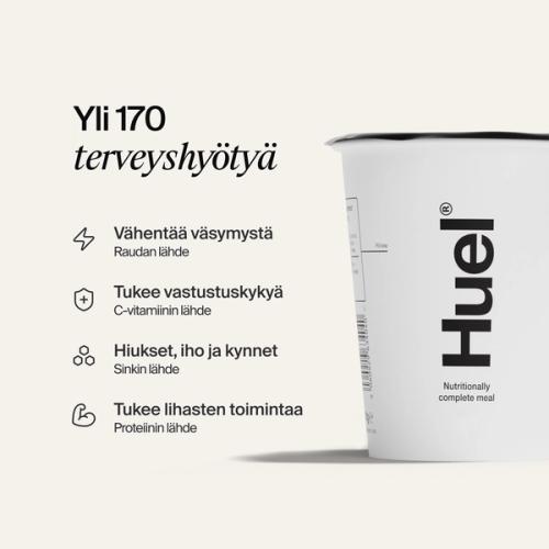 Lähikuva Huel-astian kannesta ja teksti, joka esittelee tärkeimpiä terveyshyötyjä 