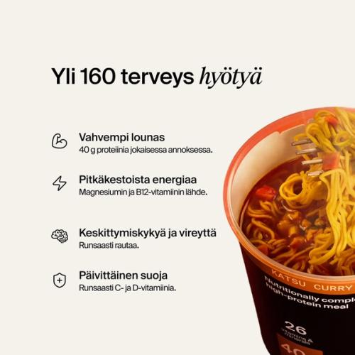 An open pot of Huel Black Edition Ramen on a neutral colour background with benefits listed