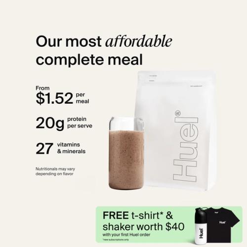 A white pouch of Huel Essential and a Huel shaker on a neutral colour background