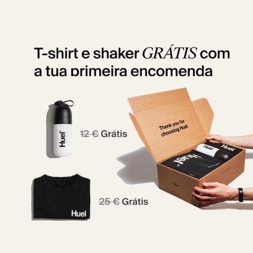 Desembalar um kit inicial Huel contendo uma t-shirt preta Huel e um Huel shaker