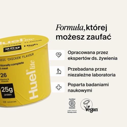 Kubek Huel Lite Ramen z objaśnieniami i elementami graficznymi