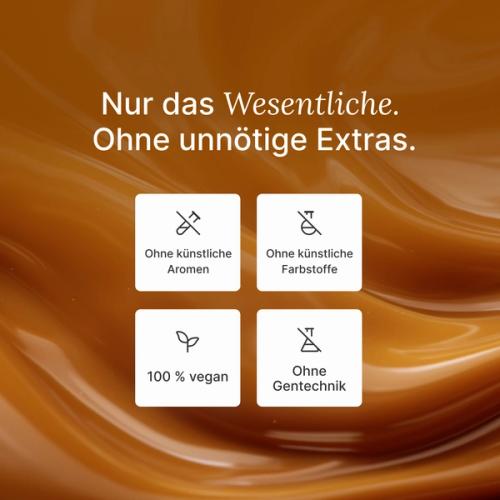 An extreme close-up of swirling caramel with key Huel health benefits overlayed