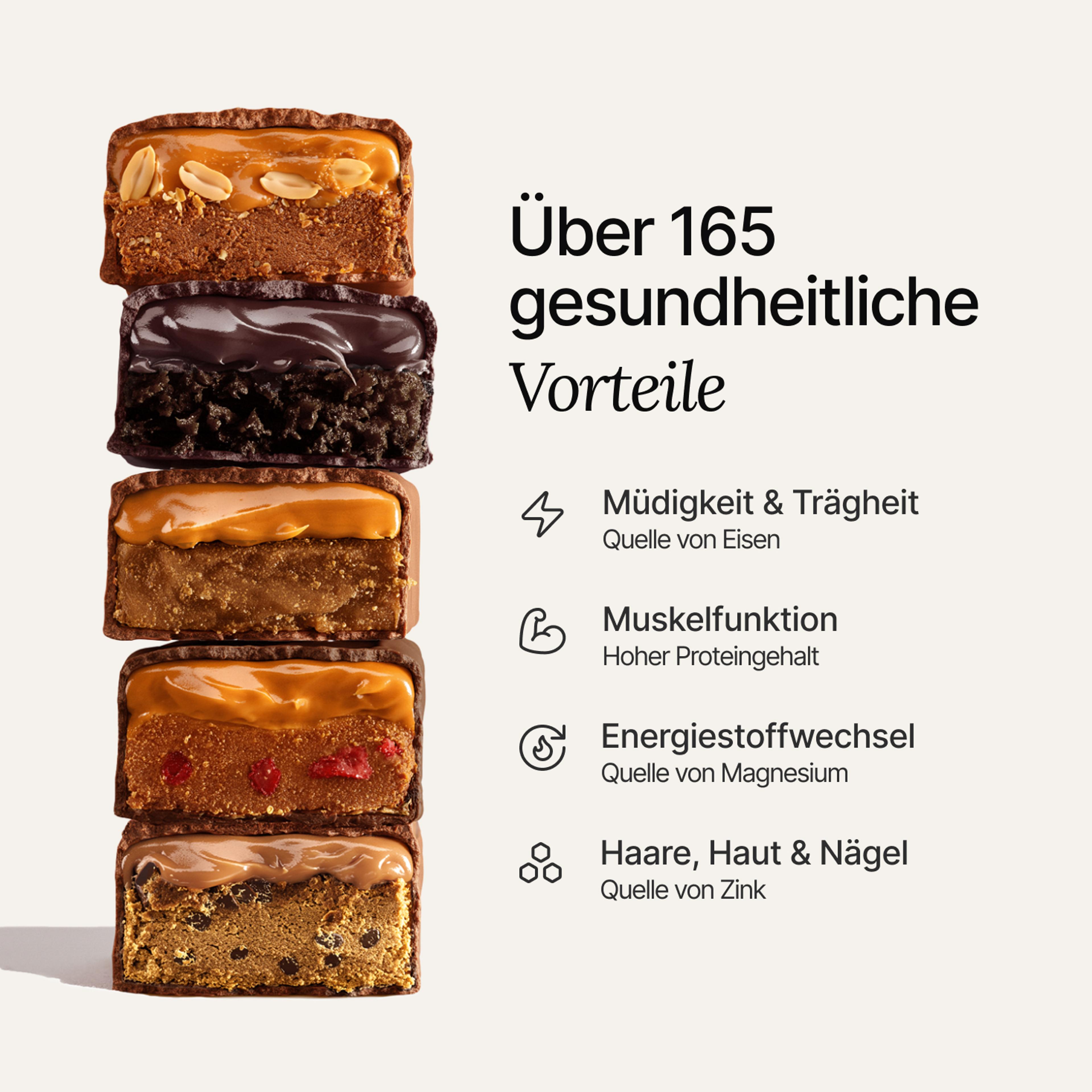 An image of a stack of Huel Complete Nutrition Bars next to text outlining key health benefits