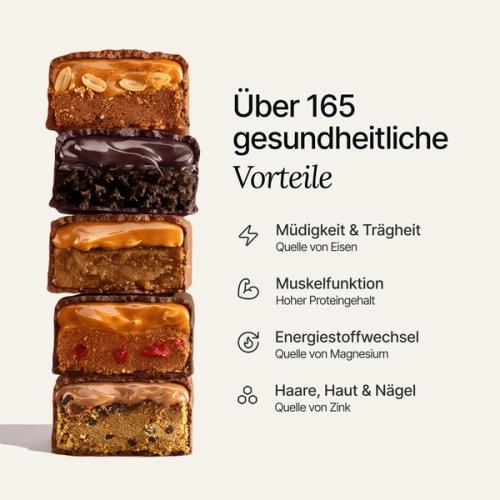An image of a stack of Huel Complete Nutrition Bars next to text outlining key health benefits
