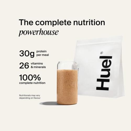 Alt: Huel Powder bag with a prepared shake, alongside text highlighting 30g protein, 26 vitamins and minerals, and 100% complete nutrition.