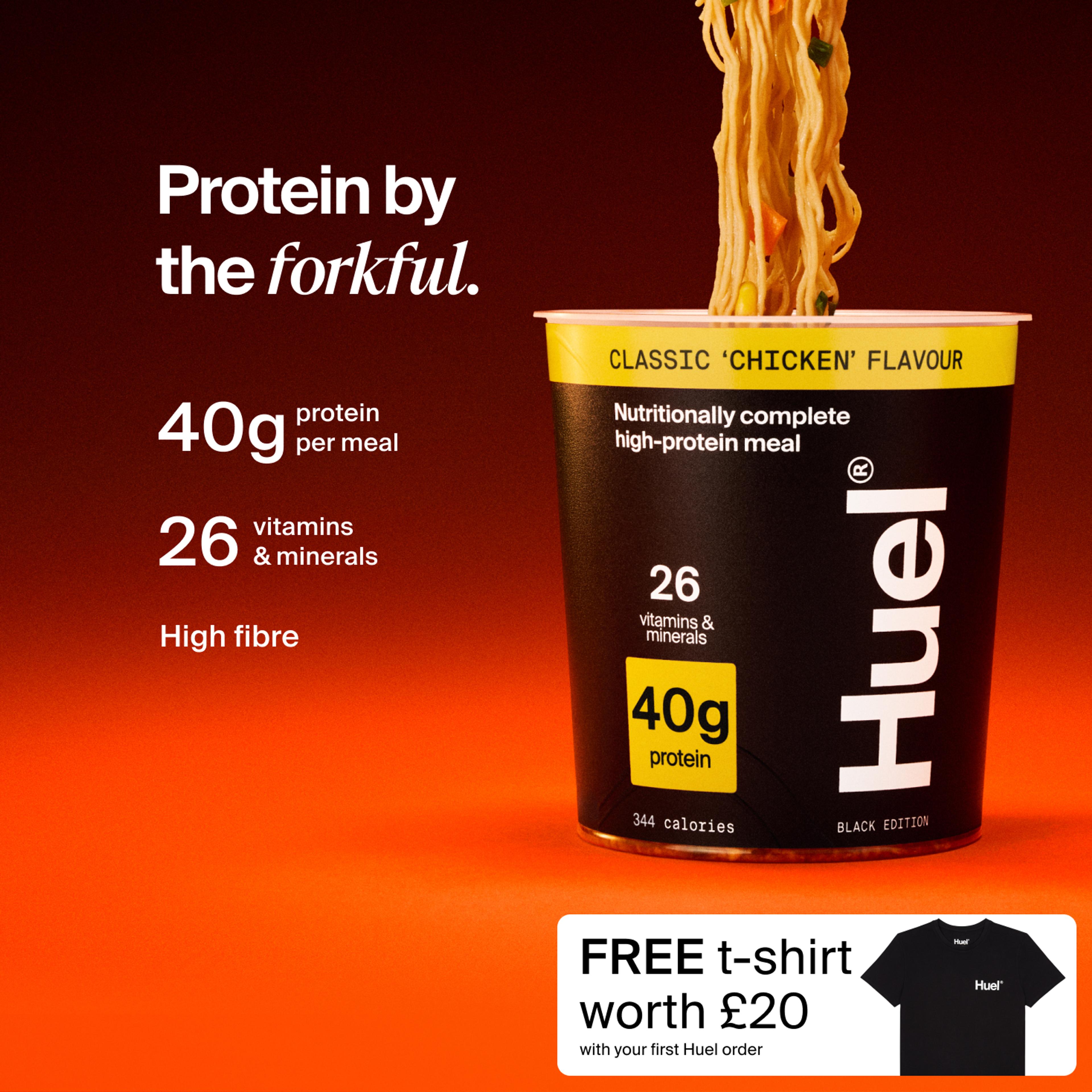 A pot of Huel Black Edition Ramen with Complete Nutrition callouts on a red and black gradient background