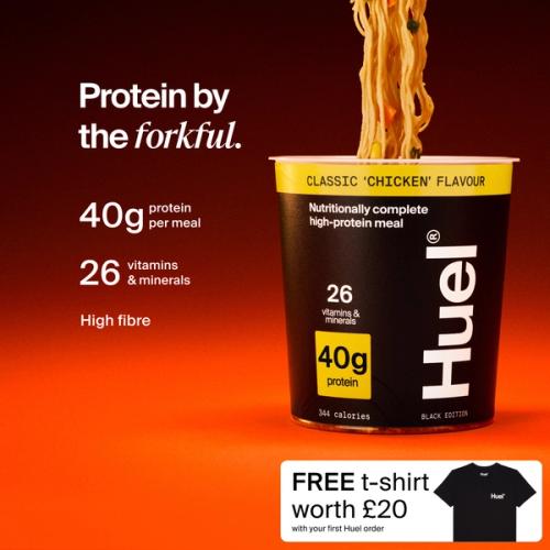 A pot of Huel Black Edition Ramen with Complete Nutrition callouts on a red and black gradient background