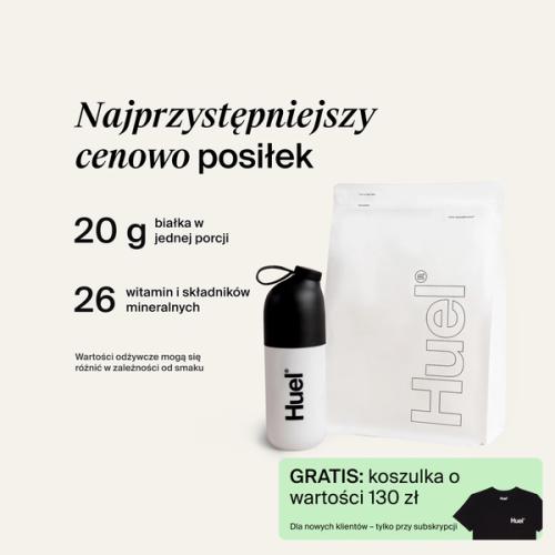 Biała saszetka Huel Essential i shaker Huel na neutralnym tle