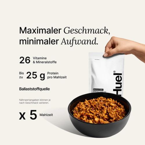 Huel Hot & Savoury pouch set against a neutral colour background with health benefits written beside it