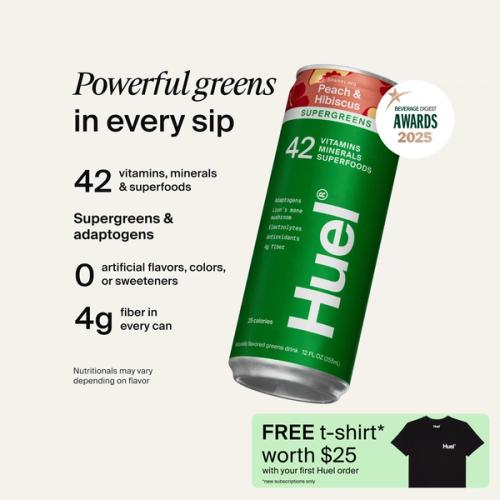 Can of Huel Daily Greens sparkling supergreens drink in Peach & Hibiscus, with 42 vitamins, minerals and superfoods, supergreens and adaptogens, no artificial flavors, colors or sweeteners, and 4g fiber in every can
