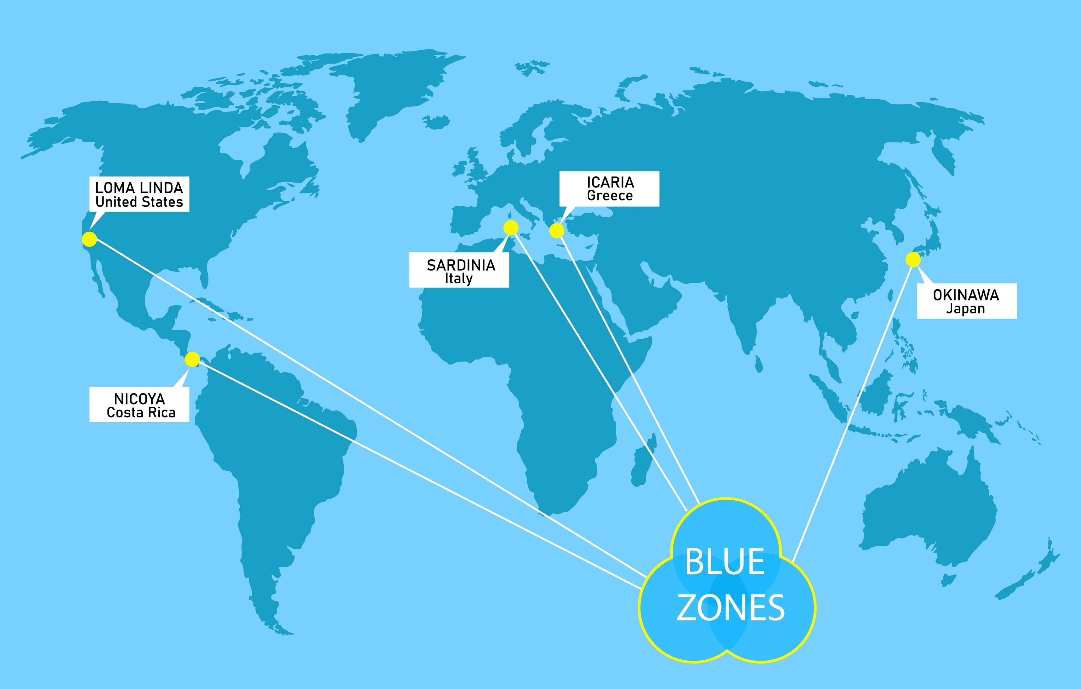map of the world highlighting the blue zones across different countries
