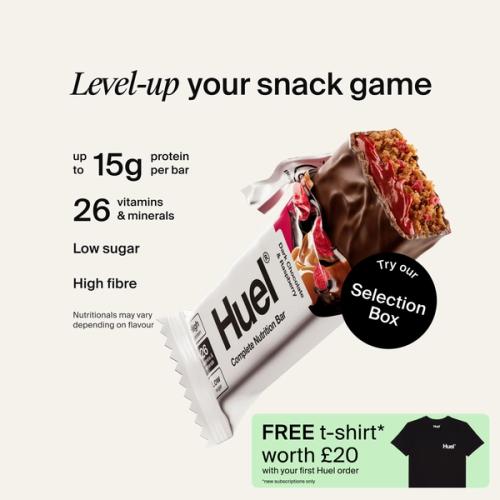 A Huel Complete Nutrition bar set against a beige-colour background