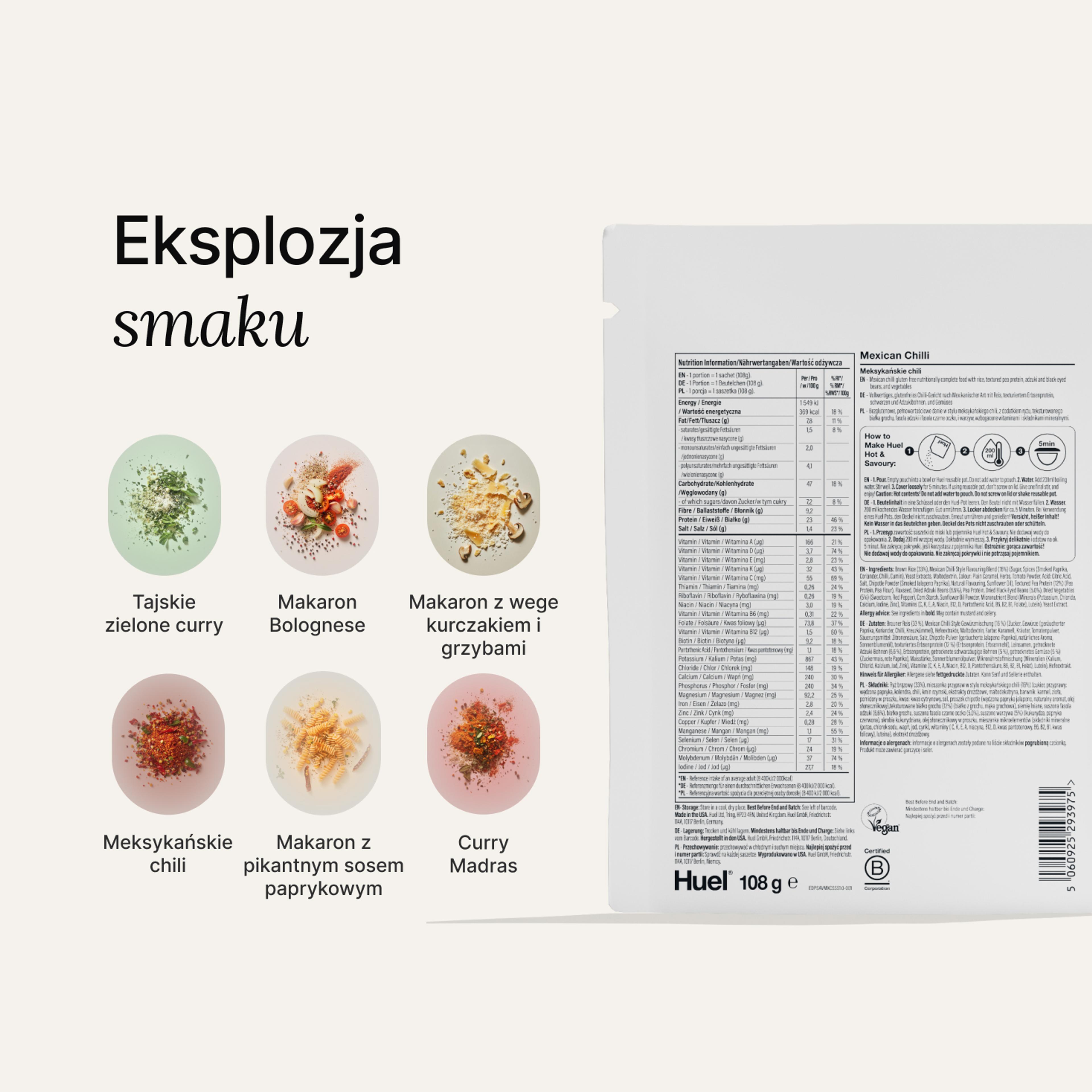 Back of a Huel Hot & Savoury meal pack with nutritional information