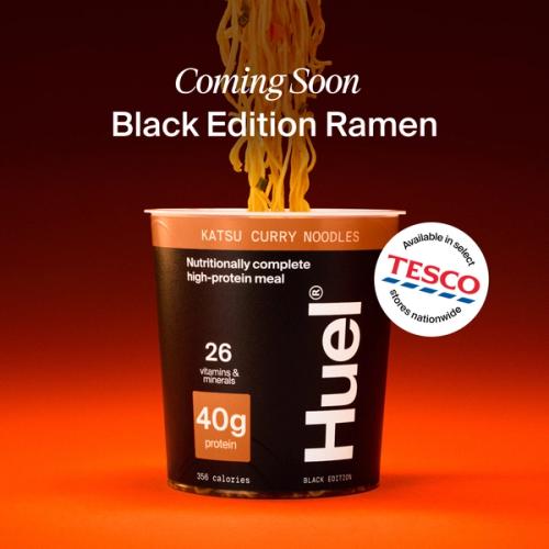 A Huel Black Edition Ramen in Katsu Curry flavour on a red gradient background with a coming soon badge