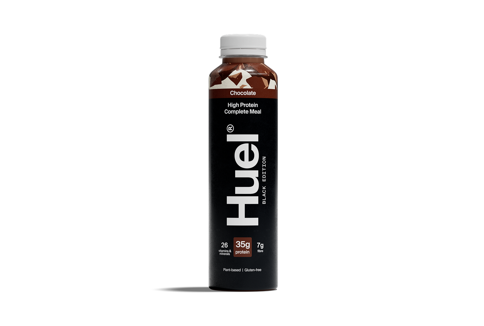 Top-down image of a glass of vanilla Huel Black Edition Ready-to-drink with ice, on a plain background