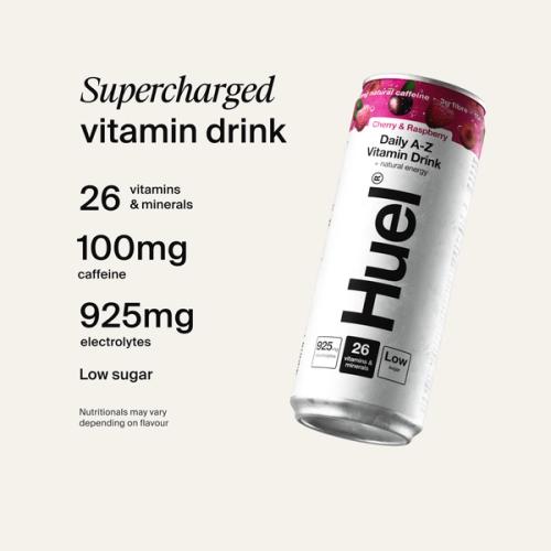 Alt, caffeinated flavours: Huel Daily A-Z Vitamin Drink can, alongside text highlighting 26 vitamins and minerals, 100mg caffeine, 925mg electrolytes, and low sugar.