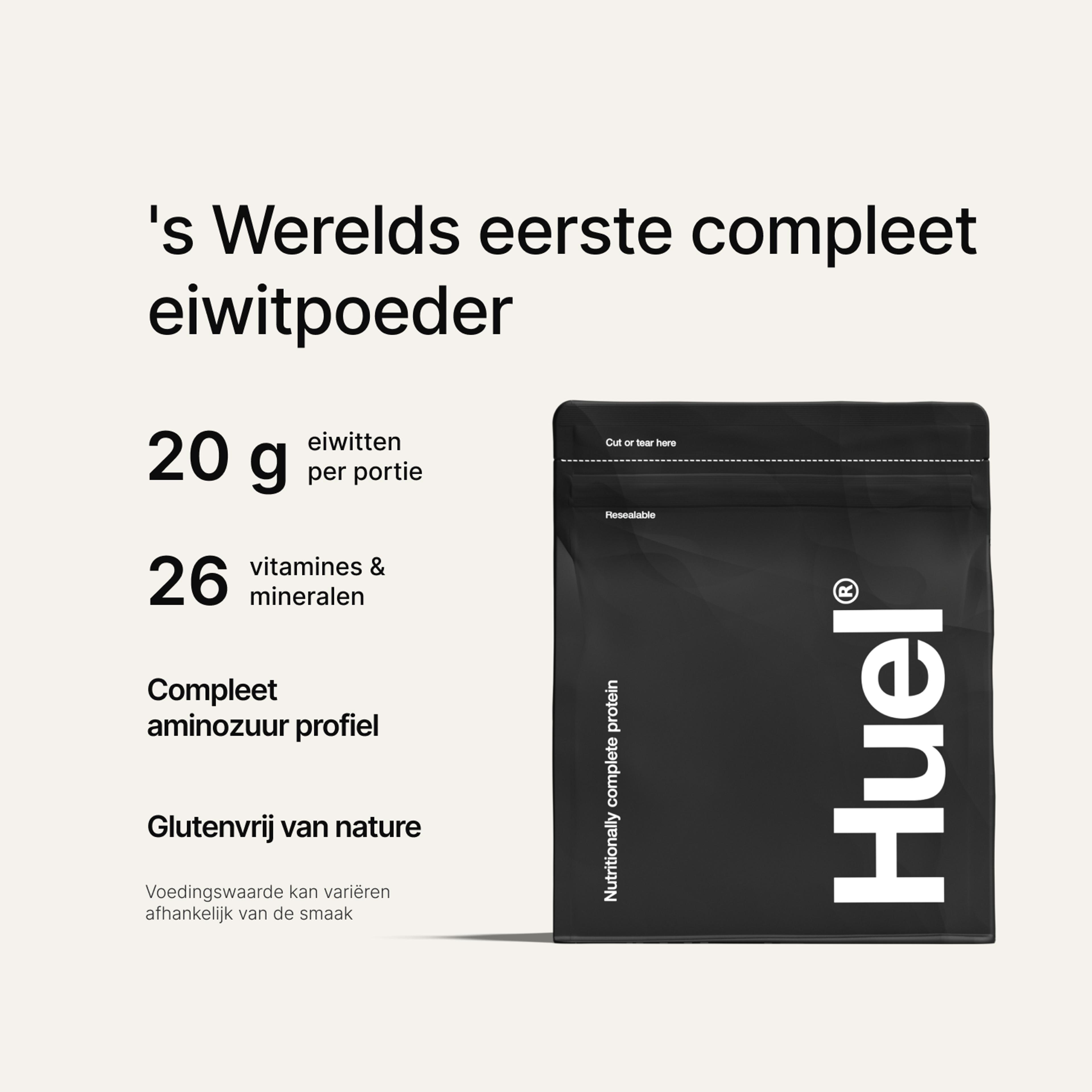 Black bag of Huel Complete Protein powder on a neutral colour background, accompanied by key benefits of Huel