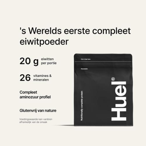 Black bag of Huel Complete Protein powder on a neutral colour background, accompanied by key benefits of Huel