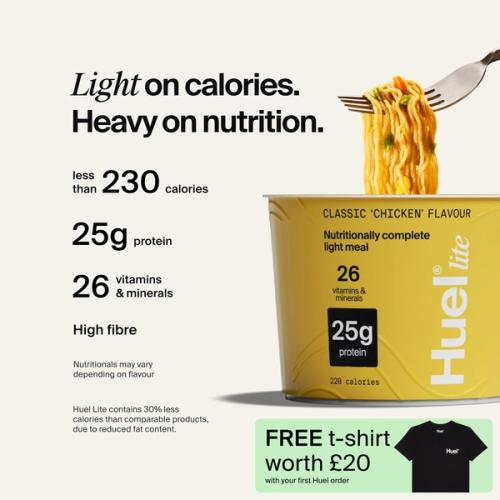 A pot of Huel Lite Ramen with Complete Nutrition callouts