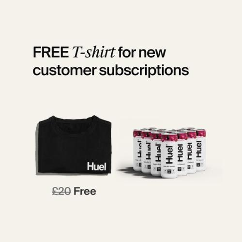 Free t-shirt & delivery with your first order; shows off the Huel shirt alongside 12 cans of DAZ