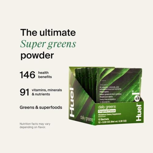 A picture of a Daily Greens Travel Pack with nutrition callouts