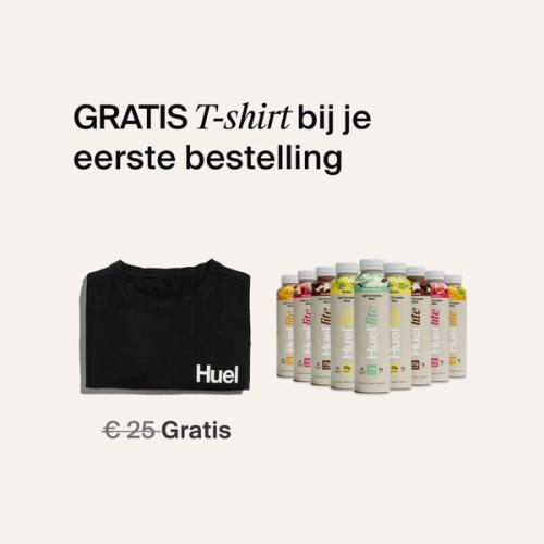 T-shirt en Ready-to-drink-flessen met vermelding van Gratis T-shirt voor nieuwe klanten met een abonnement