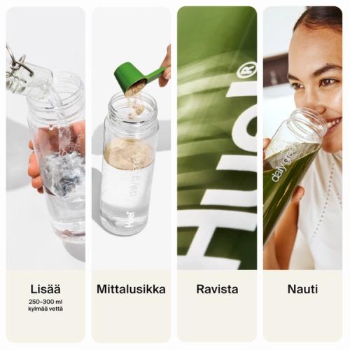 a visual, step-by-step guide for how to prepare the Greens - Add, Scoop, Shake, Enjoy! 