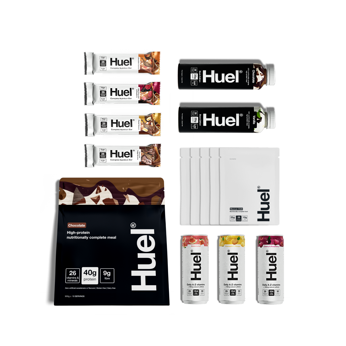 An image showing the range of Huel products