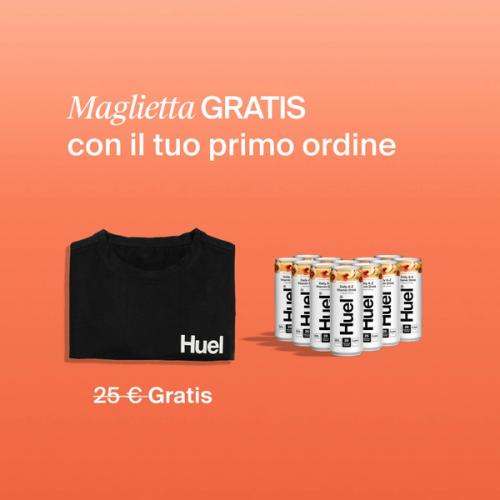 Maglietta GRATIS e consegna con il tuo primo ordine; mostra la maglietta Huel insieme a 12 lattine di DAZ