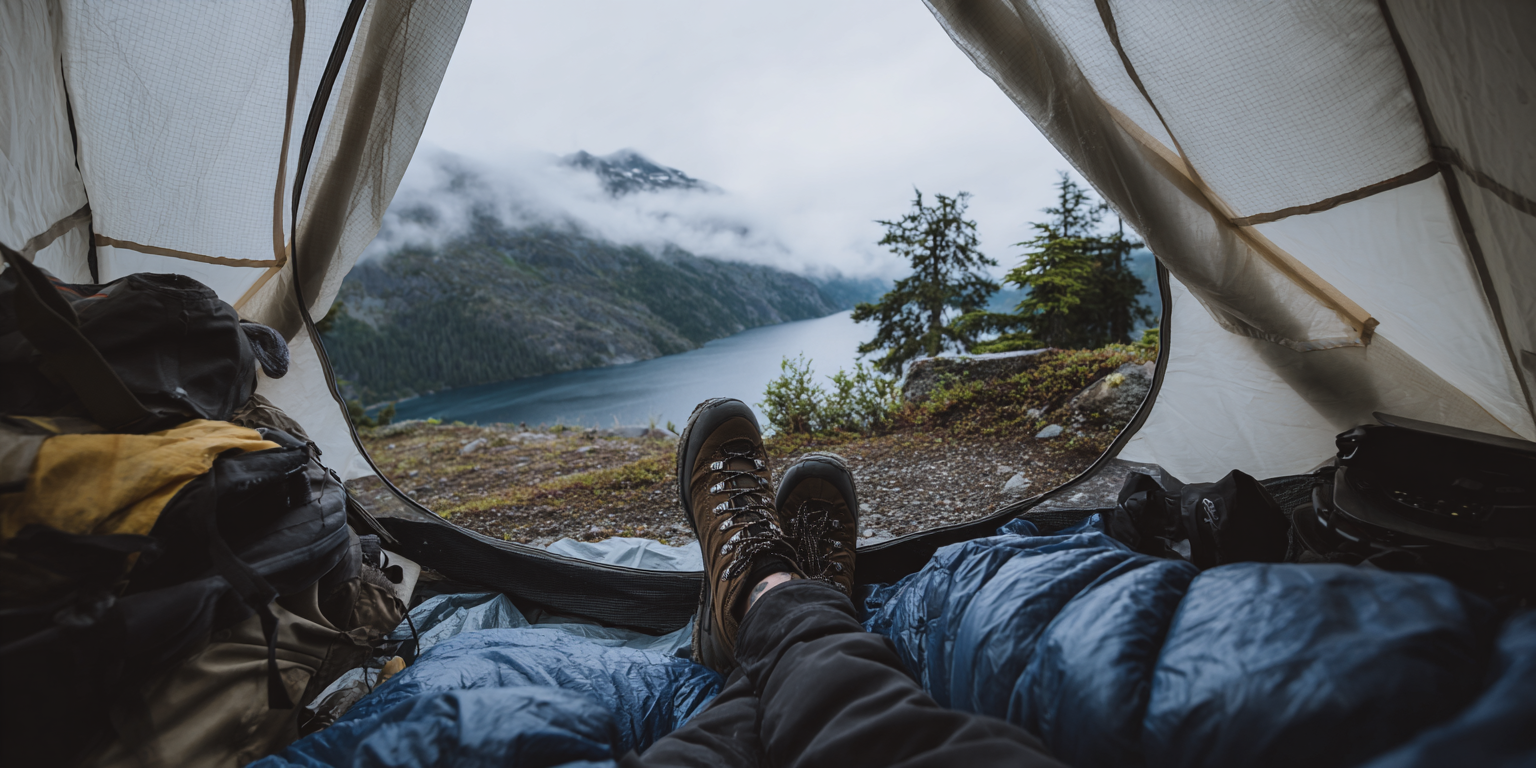 beautiful nature scenic view through the opening of a tent with a persons feet in the foreground