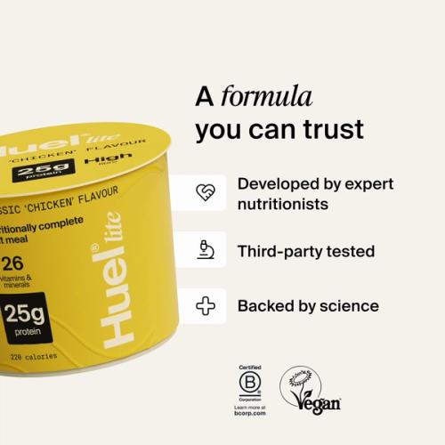 A pot of Huel Lite Ramen next to various callouts and logos