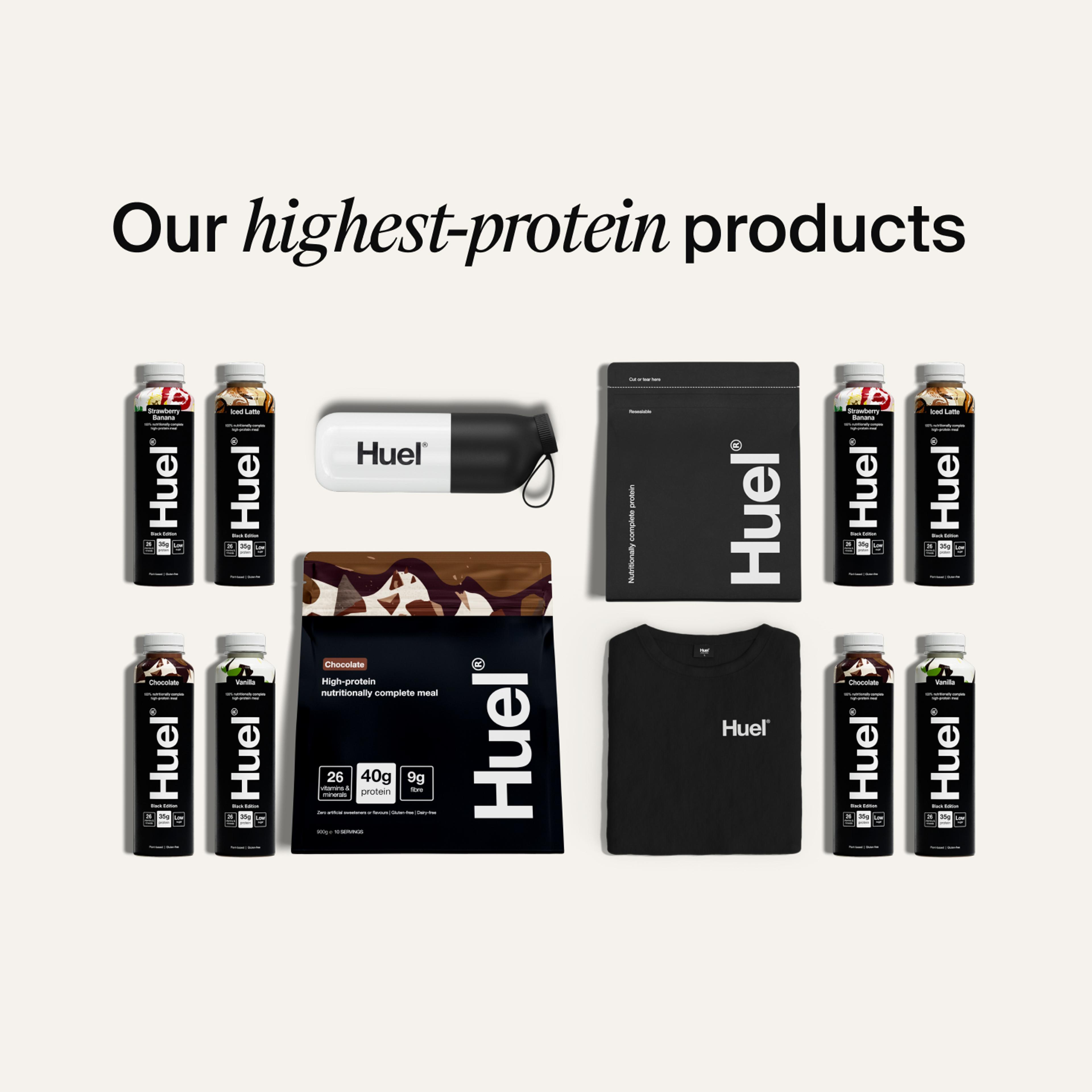Alt: A selection of Huel high-protein products including Black Edition Powder, Ready-to-drink bottles, Complete Protein, a shaker and t-shirt, alongside text reading “Our highest-protein products.”