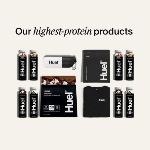 Alt: A selection of Huel high-protein products including Black Edition Powder, Ready-to-drink bottles, Complete Protein, a shaker and t-shirt, alongside text reading “Our highest-protein products.”