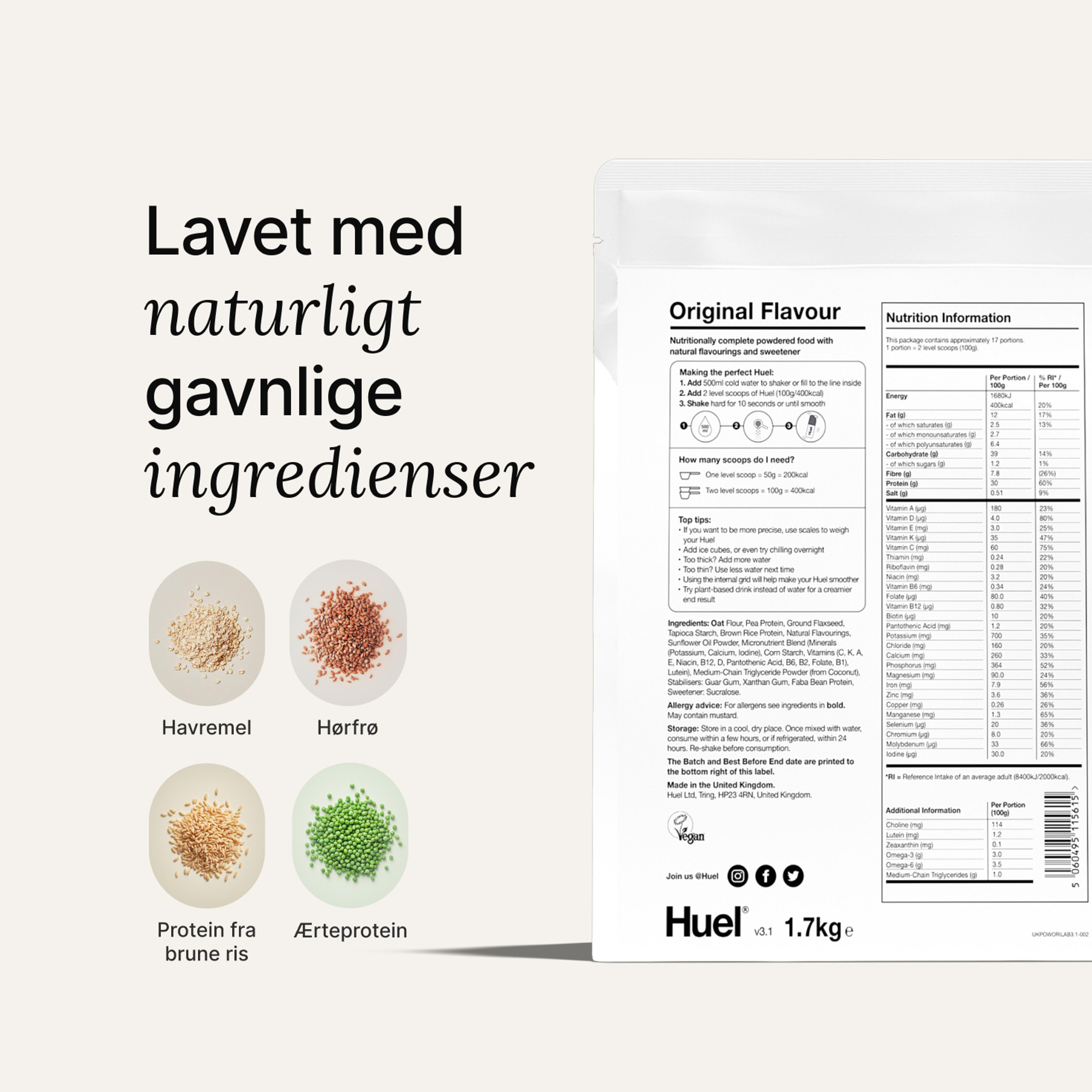 Back of pack nutritional information for Huel Powder