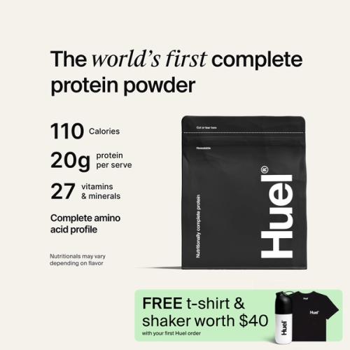 Black bag of Huel Complete Protein powder on a neutral colour background, accompanied by key benefits of Huel